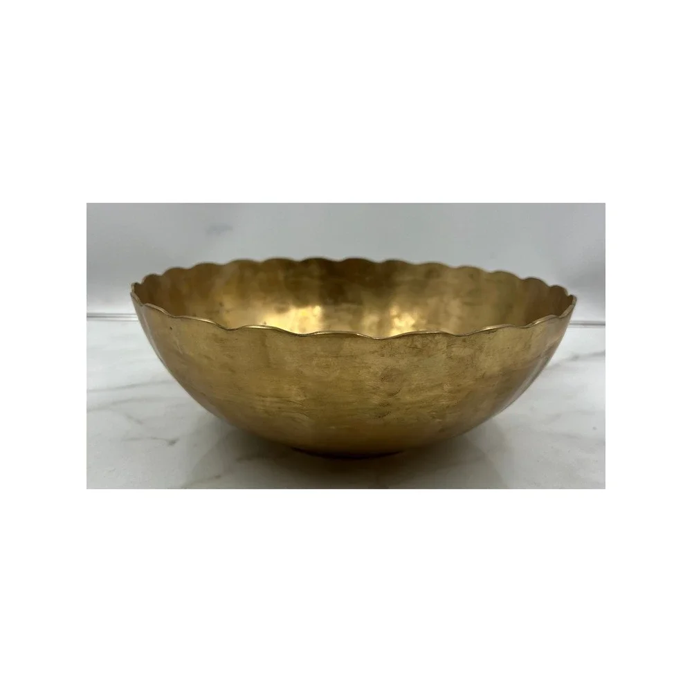 Vintage Scalloped Brass Bowl Made in Korea Hammered Gold Centerpiece 9.75 inch